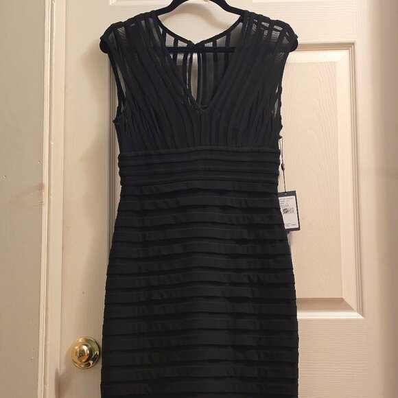 Adrianna Papell Shutter Pleat Jersey Sheath Illusion-Black Stripe Dress NWT - Picture 3 of 8